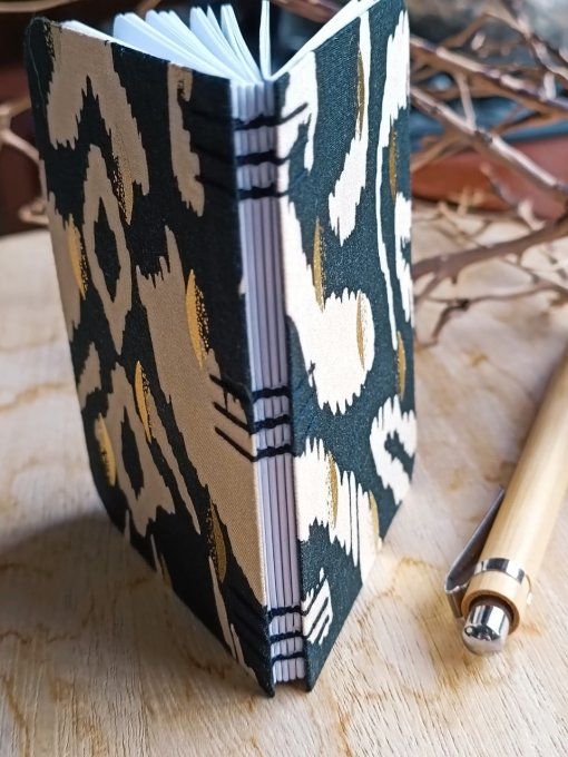 Petit Carnet Reliure Copte -Noir et beige - Fait Main 