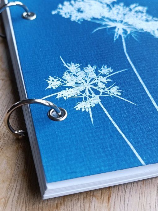 Carnet de notes / Agenda rechargeable A6 - Cyanotype Fleurs de Carotte Sauvages - Fait Main 