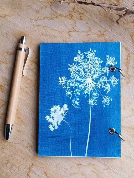 Carnet de notes / Agenda rechargeable A6 - Cyanotype Fleurs de Carotte Sauvages - Fait Main 