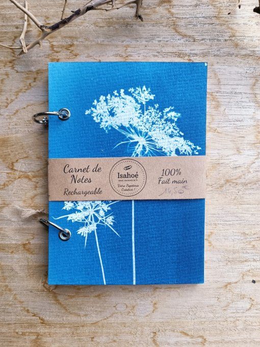 Carnet de notes / Agenda rechargeable A6 - Cyanotype Fleurs de Carotte Sauvages - Fait Main 