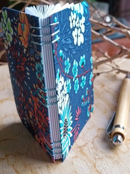 Petit Carnet Reliure Copte - Fleuri bleu - Fait Main 