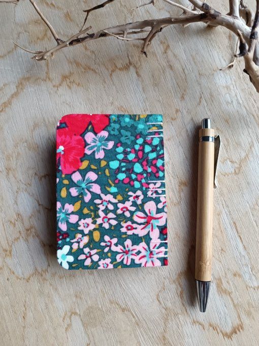 Petit Carnet Reliure Copte - Fleuri vert et rouge - Fait Main 