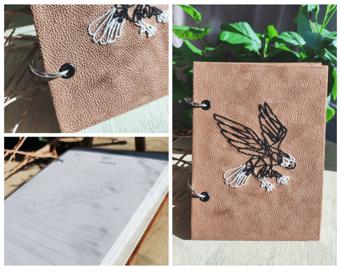 Carnet de notes ou Agenda " Aigle " Simili cuir upcyclé brodé main - Marron 