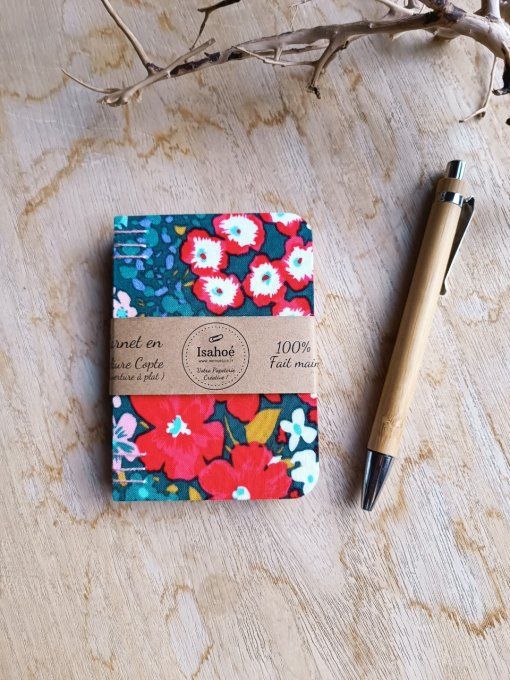 Petit Carnet Reliure Copte - Fleuri vert et rouge - Fait Main 