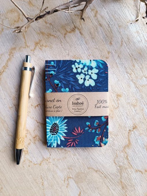 Petit Carnet Reliure Copte - Fleuri bleu - Fait Main 