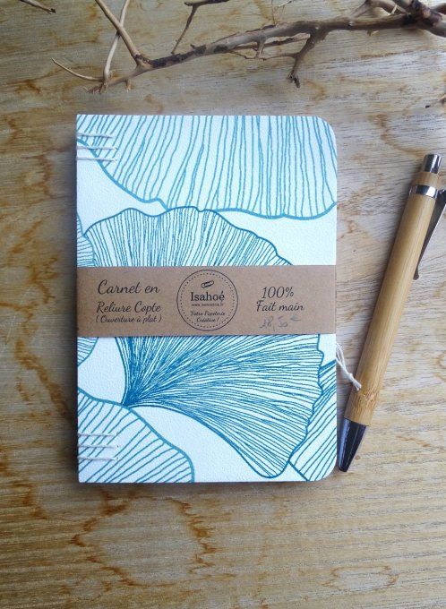 Carnet Reliure Copte -Biloba bleu/vert - Fait Main 