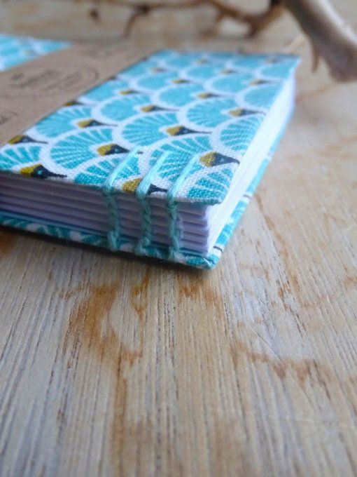 Petit Carnet Reliure Copte - Eventail turquoise - Fait Main 