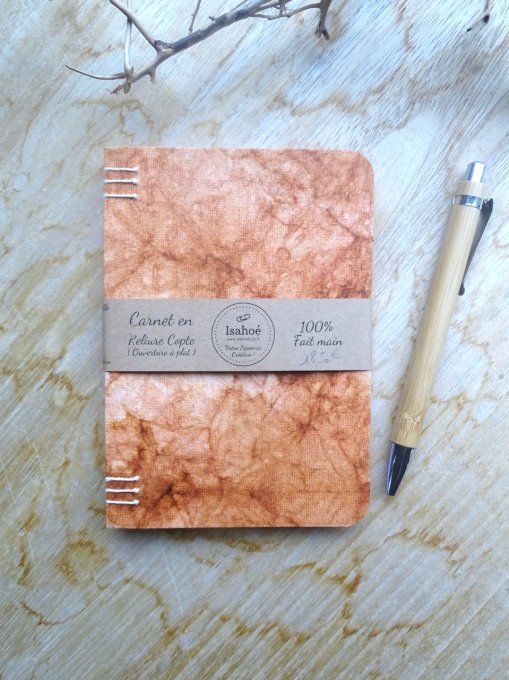 Carnet Reliure Copte - Marbré orange - Fait Main 