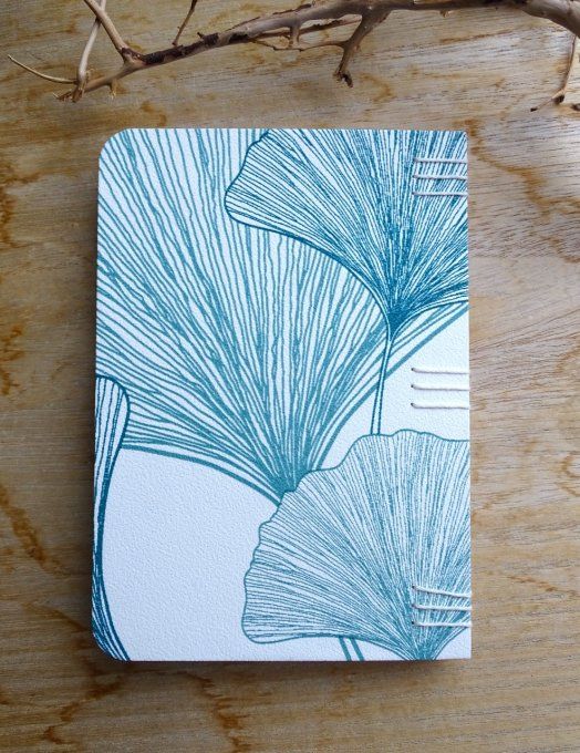 Carnet Reliure Copte -Biloba bleu/vert - Fait Main 